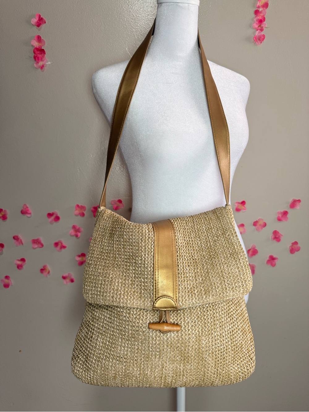 Neutral Woven Shoulder Bag with Gold Accent Strap